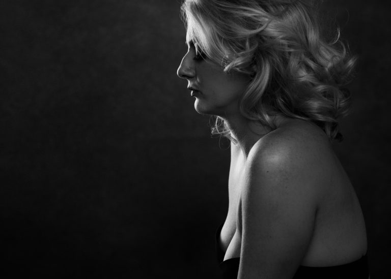 Vancouver classy boudoir portrait of blonde woman with edgy contemporary vibe in black and white photography