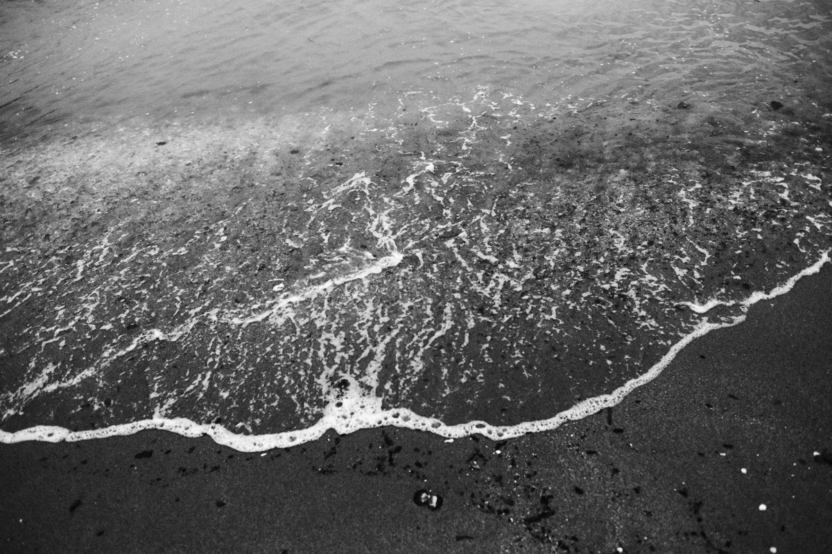 black and white image of a west coast shoreline with waves meeting the sand