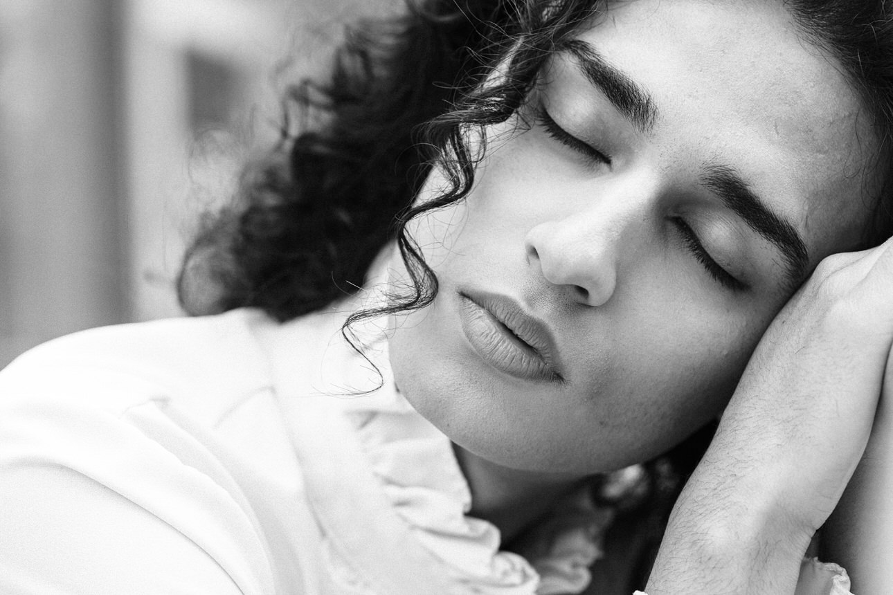 Black and white portrait of Diego, non binary vancouver model by vancouver photographer Michele Mateus
