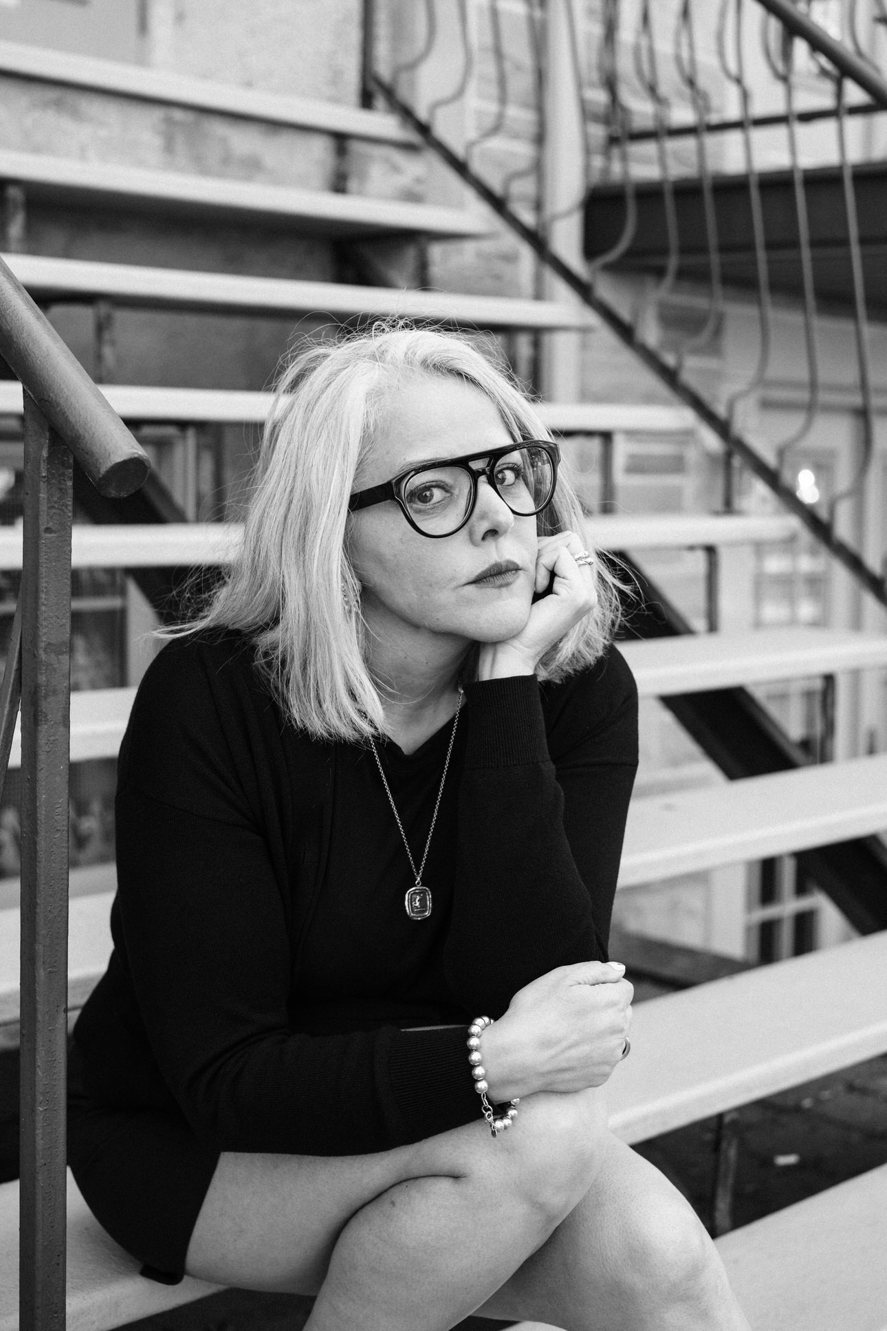 Artistic black-and-white portrait of Vancouver photographer Michele Mateus, shot in Montreal