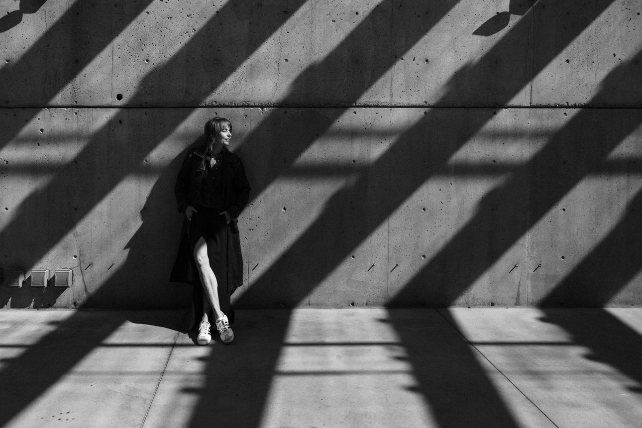 Black and white image featuring stylist Dee Clarke in an editorial styling shoot by Vancouver Photographer Michele Mateus